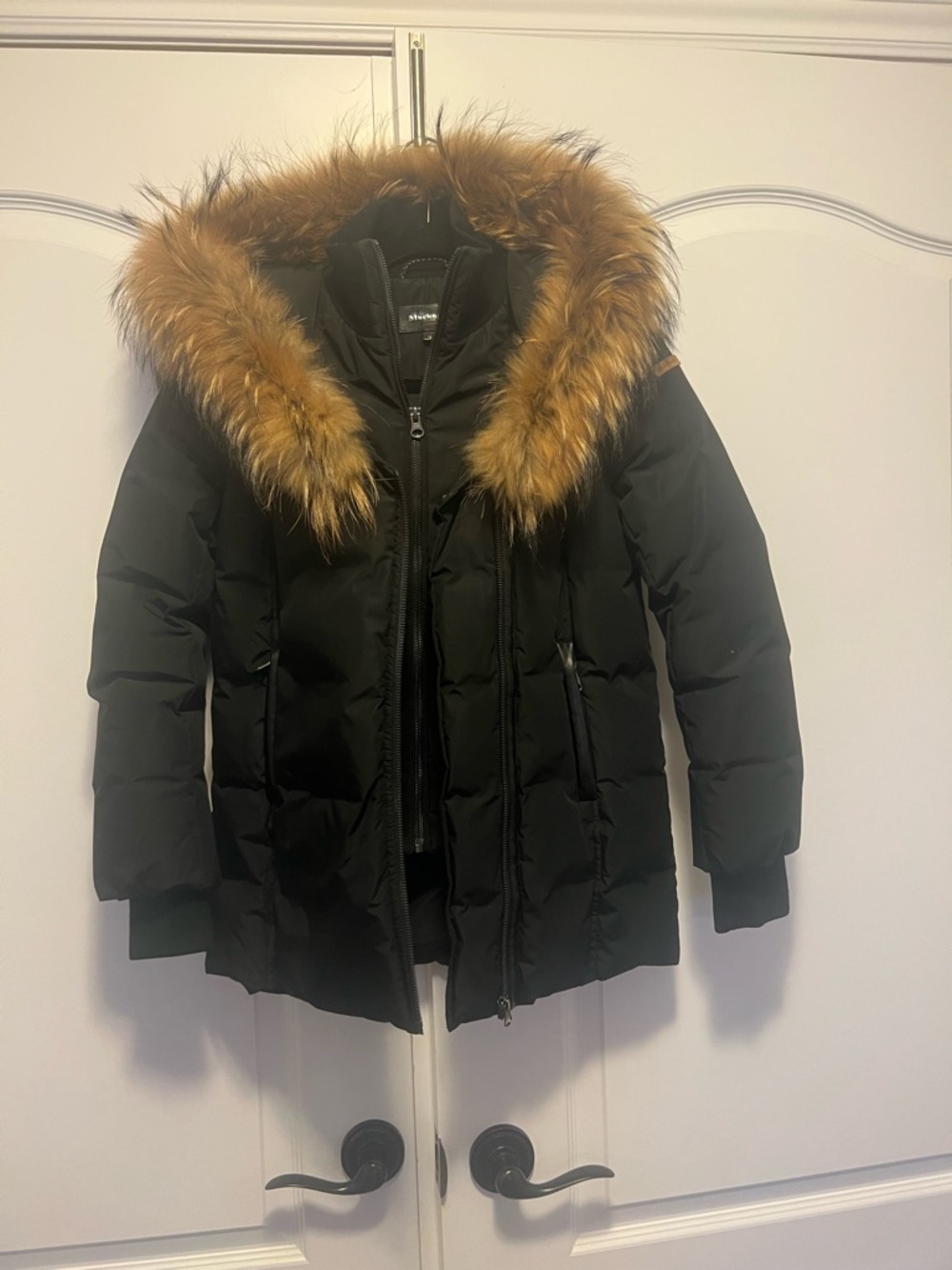 Mackage Black Puffer Jacket with Brown Faux Fur Trim